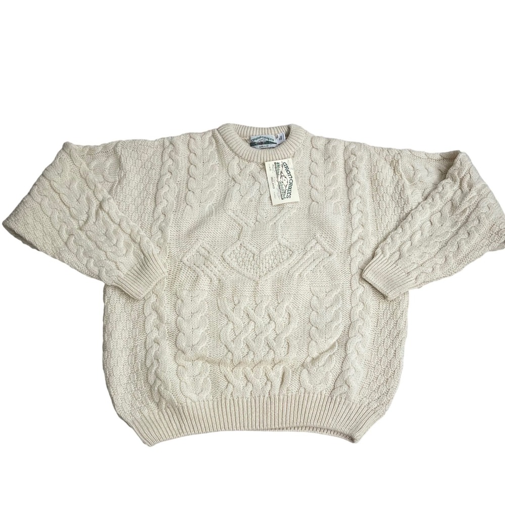 Aran Crafts Mens XL Wool Fisherman Sweater Cream Cable Knit Made in Ireland NWT